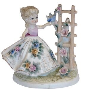 Vintage Lefton China Hand Painted Figure of a Girl with Bluebird by a Trellis.